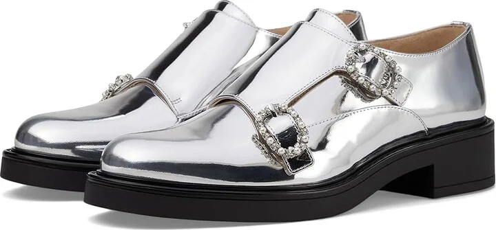Stuart Weitzman Leighton Monk Strap Women's Flat Shoes Silver : 11 M, Leather