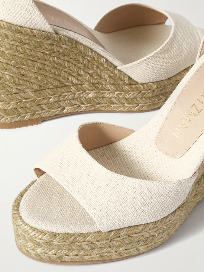 Stuart Weitzman - Linen Espadrille Wedge Sandals - Cream - Image 4