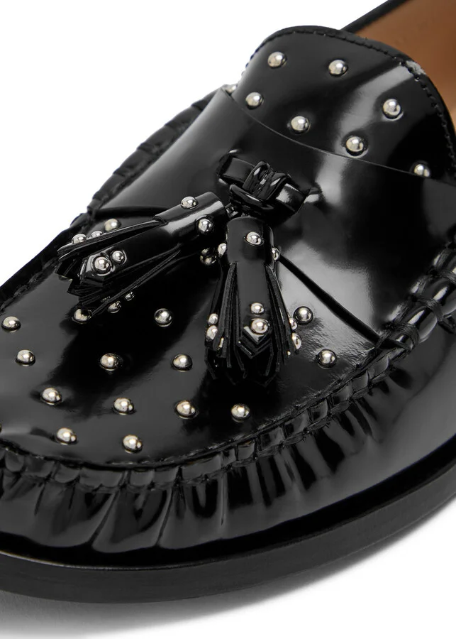 Stuart Weitzman Lottie Studded Glossed Leather Loafers - Image 4