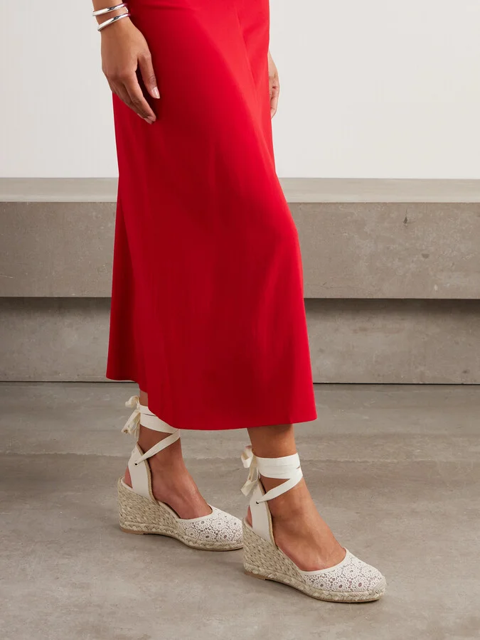 Stuart Weitzman - Marguerita Grosgrain-trimmed Leather And Crocheted Wedge Espadrilles - Ivory - Image 2