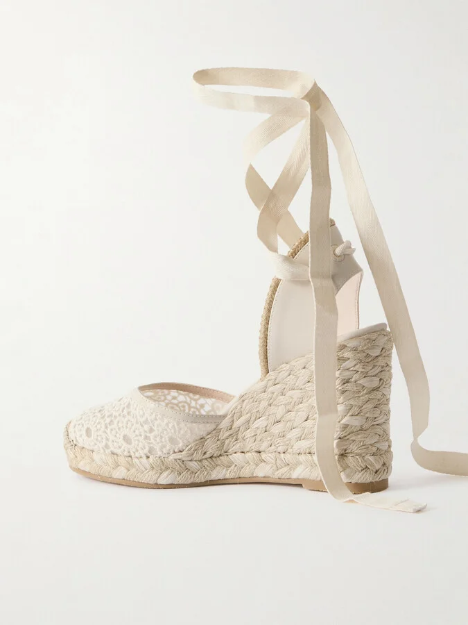 Stuart Weitzman - Marguerita Grosgrain-trimmed Leather And Crocheted Wedge Espadrilles - Ivory - Image 3