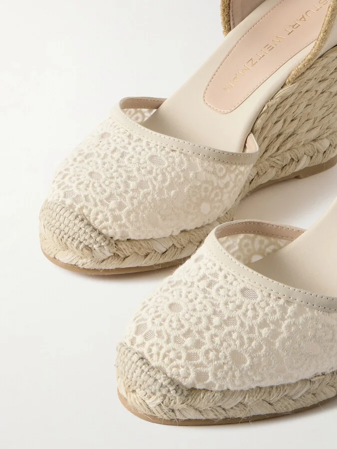 Stuart Weitzman - Marguerita Grosgrain-trimmed Leather And Crocheted Wedge Espadrilles - Ivory - Image 4
