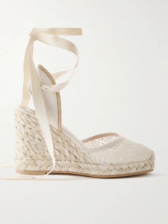 Stuart Weitzman - Marguerita Grosgrain-trimmed Leather And Crocheted Wedge Espadrilles - Ivory