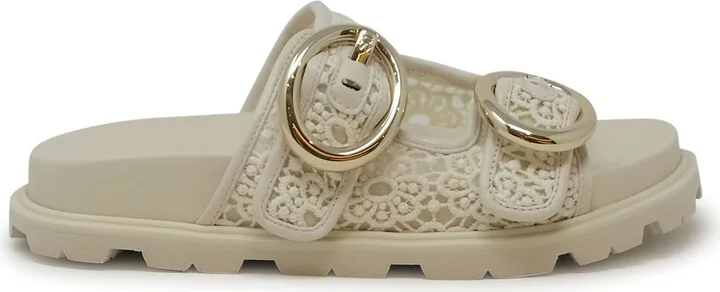 Stuart Weitzman Sk758 Ivory Lace Benni Sport Slide Sandals