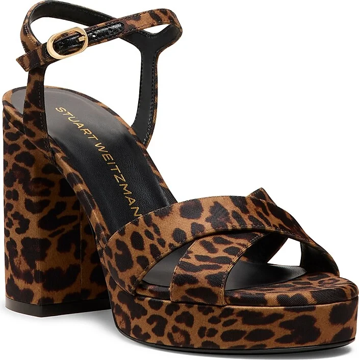 Stuart Weitzman Women's Dayna Platform Crossover Strap Animal Print High Heel Platform Sandals