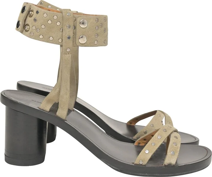 Studded Ankle Strap Sandals in Beige Suede