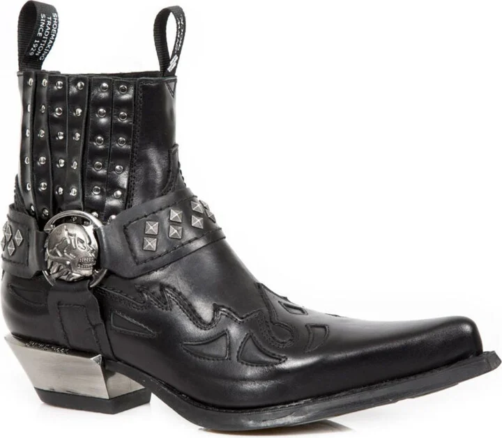 Studded Black Leather Western Biker Boots-7950-S1