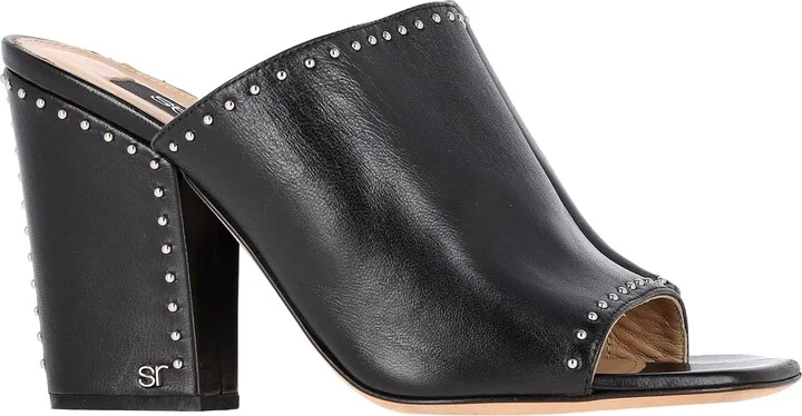Studded Chunky Heels in Black Leather
