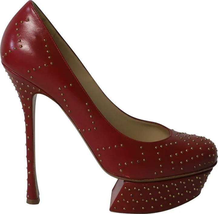 Studded Platform High Heel Pumps in Red Leather