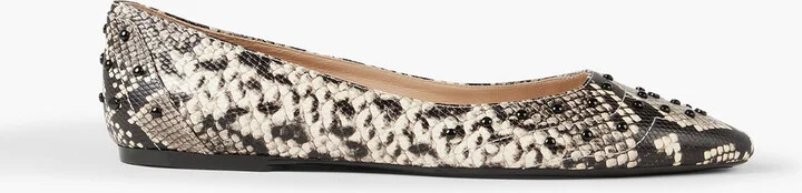 Studded snake-effect leather point-toe flats