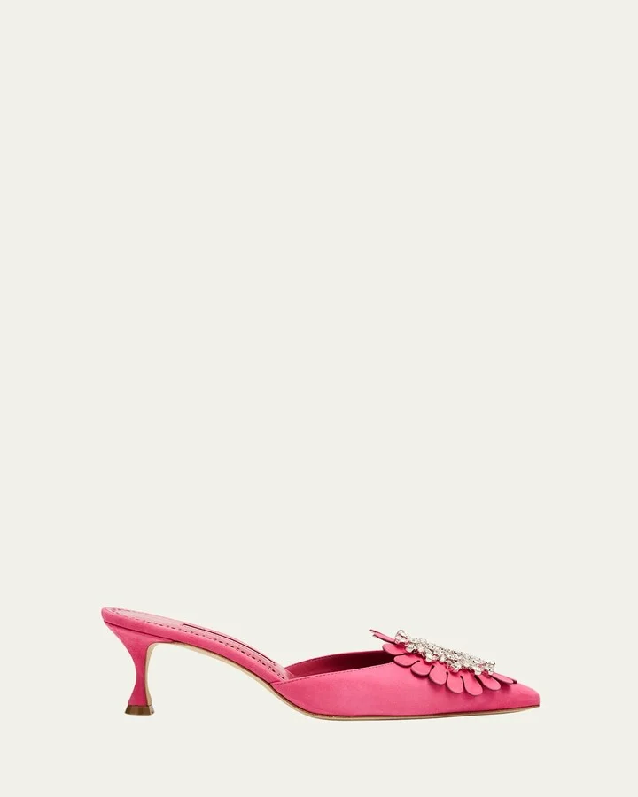 Suede 50mm Crystal Buckle Mule Pumps