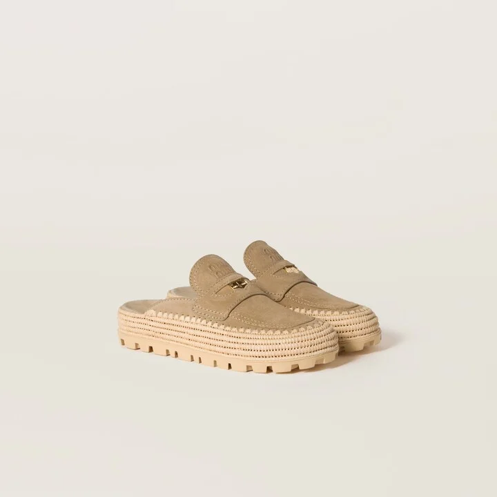 Suede and raffia flatform mules