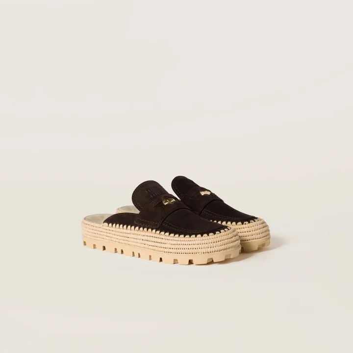 Suede and raffia flatform mules