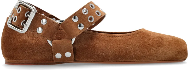 Suede Ballet Flats `Biker`, , - Brown