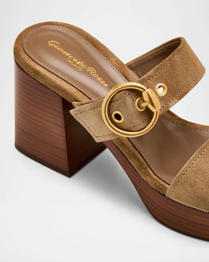 Suede Buckle Dual-Band Platform Slide Sandals - Image 4