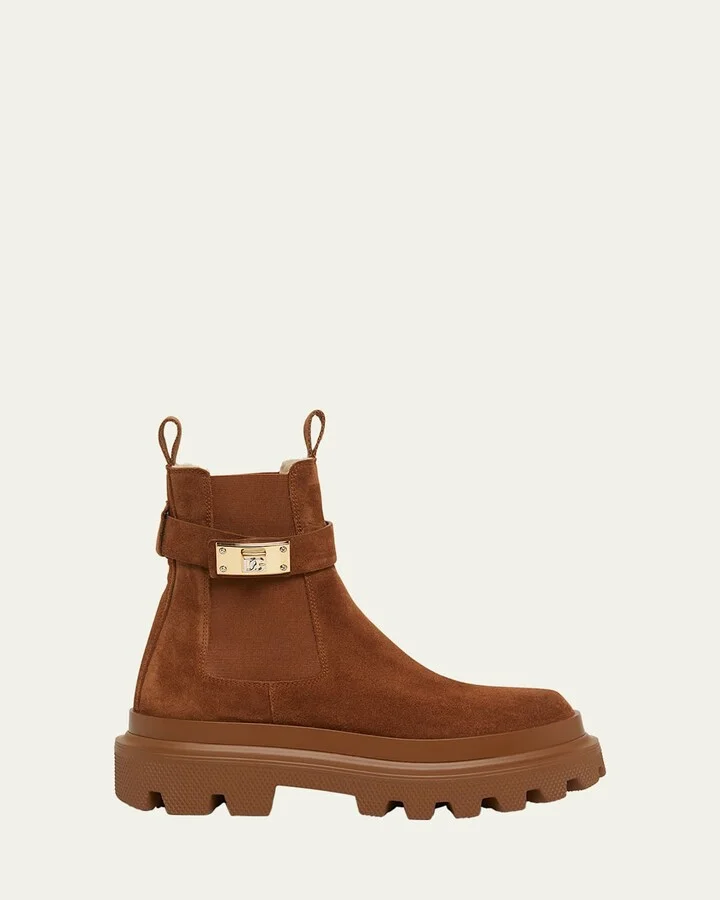 Suede Buckle Faux Fur Chelsea Booties
