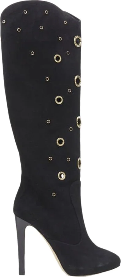 Suede Crystal Eyelet High Heel Tall Boots