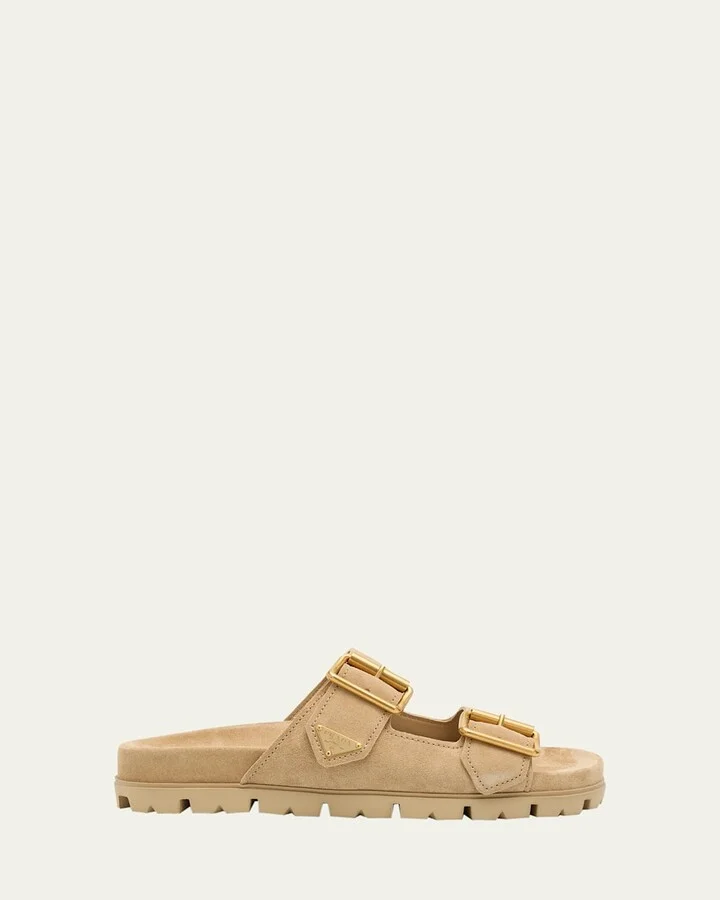 Suede Double-Buckle Slide Sandals