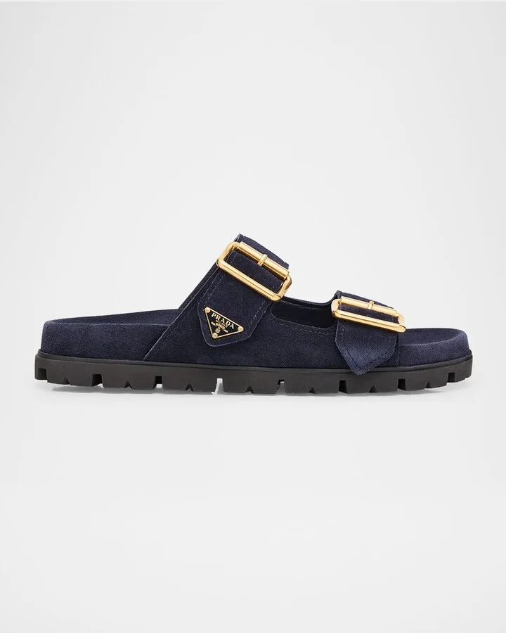 Suede Double-Buckle Slide Sandals
