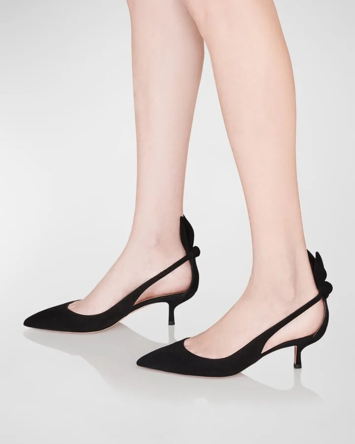 Suede Knotted Bow Kitten-Heel Pumps - Image 3