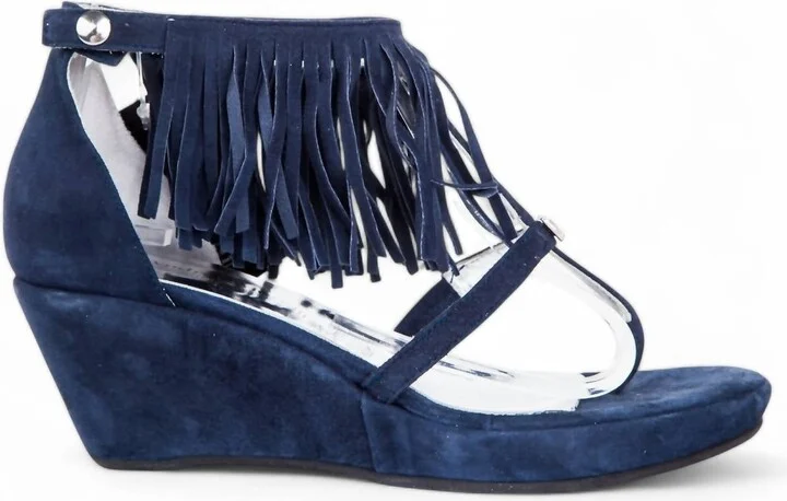 Suede Leather Fringe Wedge Sandals In Blue