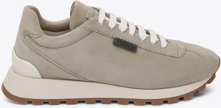 Suede Low-Top Sneakers with Monili Tab