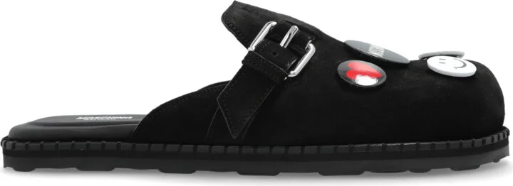 Suede Mules With Appliqués, , - Black