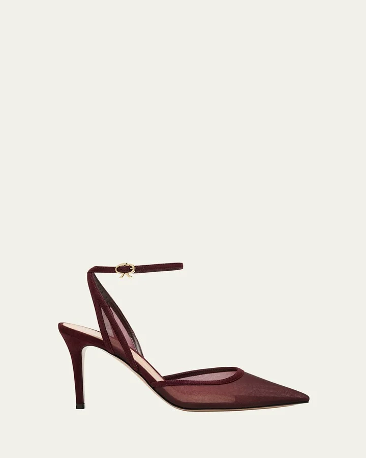 Suede Organza Ankle-Strap Pumps
