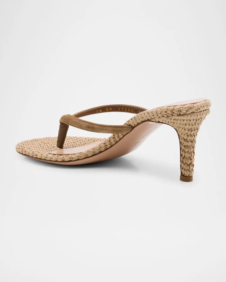 Suede Raffia Heeled Thong Sandals - Image 2