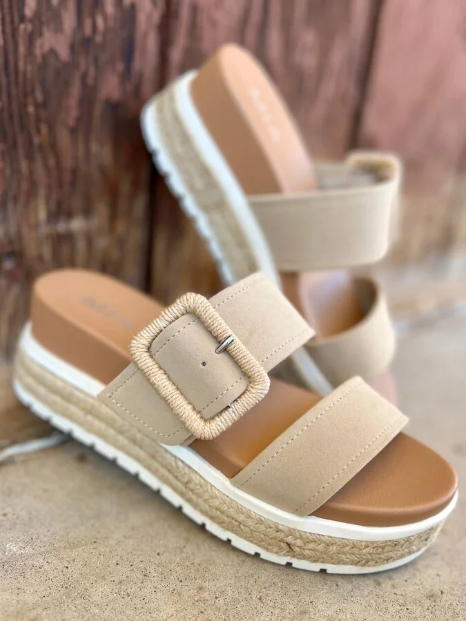 Suede Raffia Platform Sandals