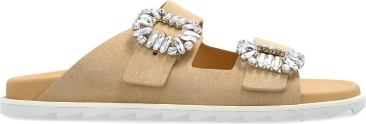 Suede Slides With Shimmering Appliqués, , - Beige