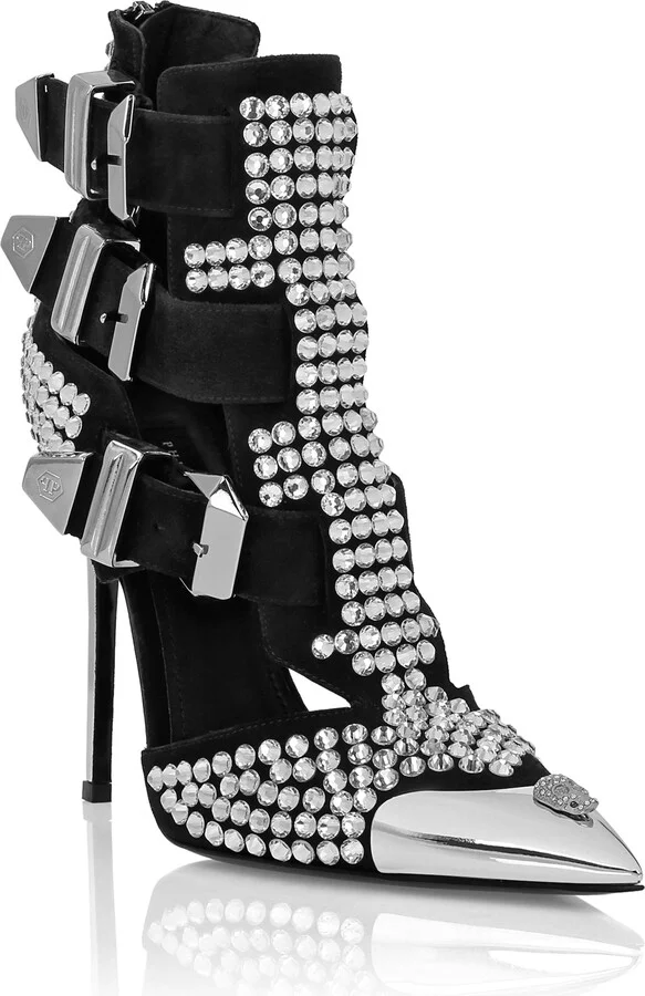Suede Strass Sandals High Heels Skull
