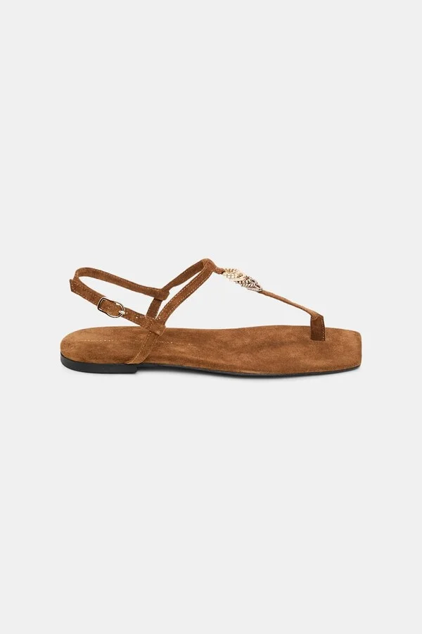 Suede T-strap sandals with D-rings