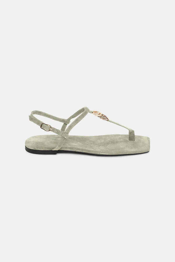 Suede T-strap sandals with D-rings