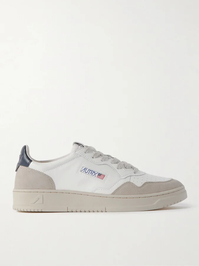 Suede-Trimmed Perforated Leather Sneakers