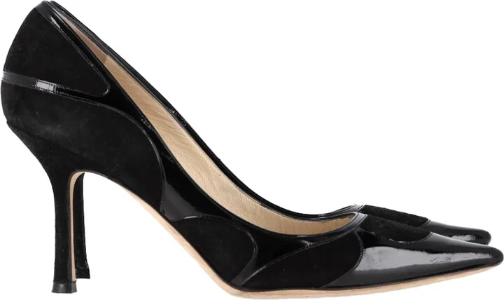 Suede Trimmed Pointed Toe Pumps in Black Patent Leather