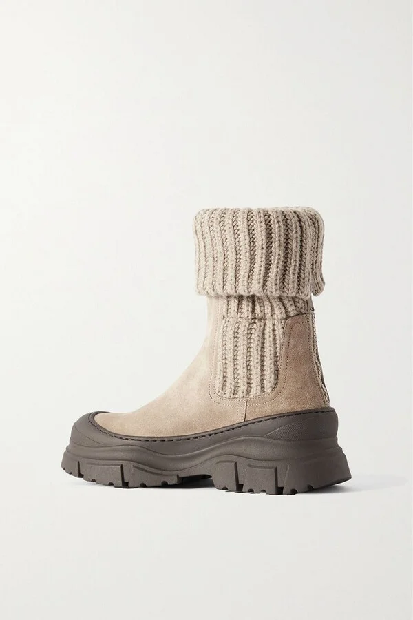 Suede-trimmed ribbed-knit ankle boots - Image 3