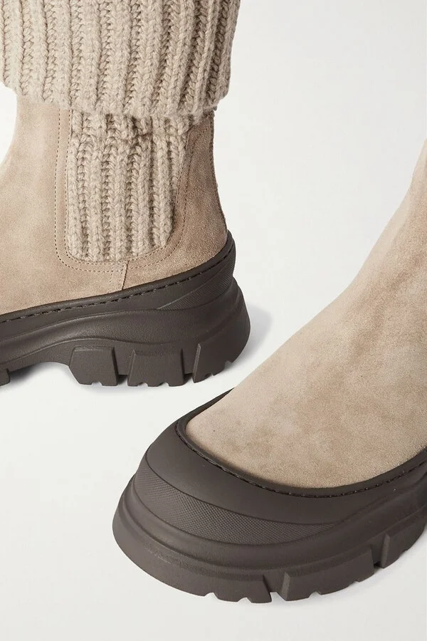 Suede-trimmed ribbed-knit ankle boots - Image 4