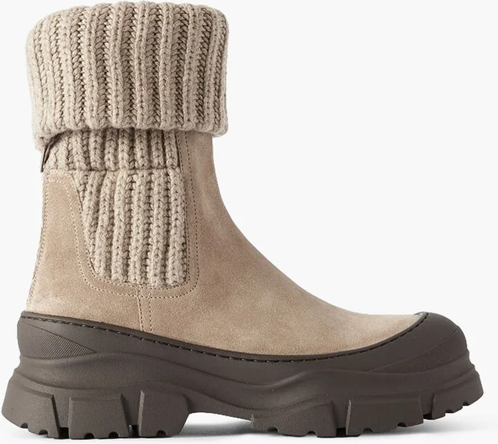 Suede-trimmed ribbed-knit ankle boots