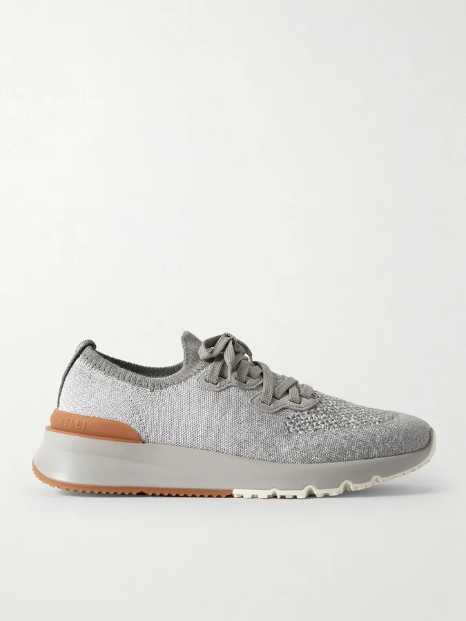 Suede-Trimmed Stretch-Knit Sneakers