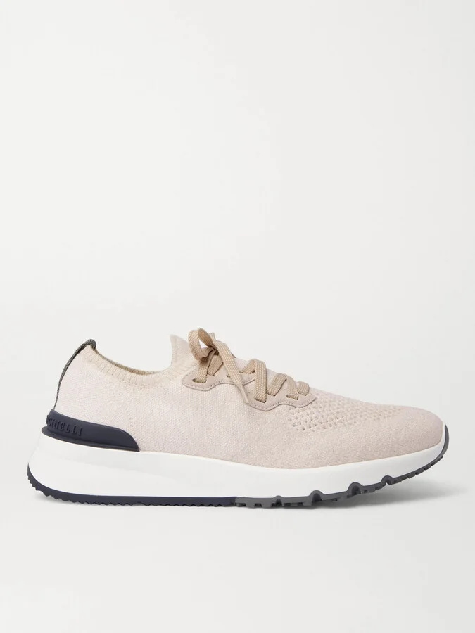 Suede-Trimmed Stretch-Knit Sneakers