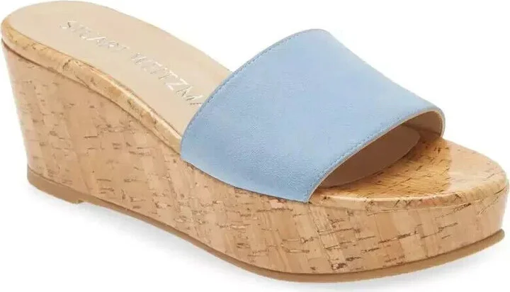 Summer Sandal Womens US 9 Blue Leather Slip-On Wedge Heel KHD860