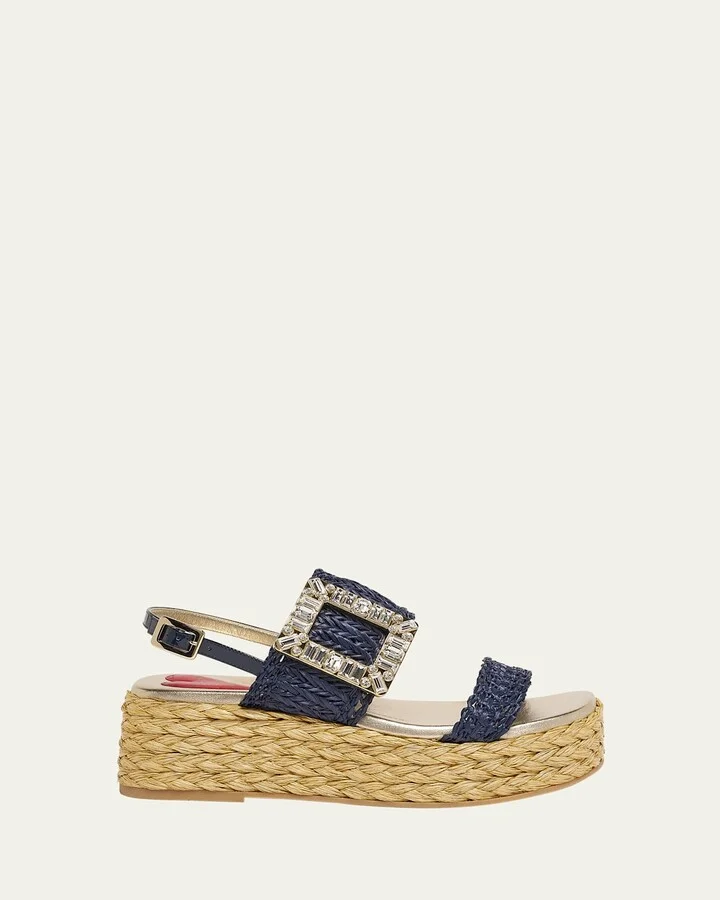 Summer Strass-Buckle Raffia Platform Sandals