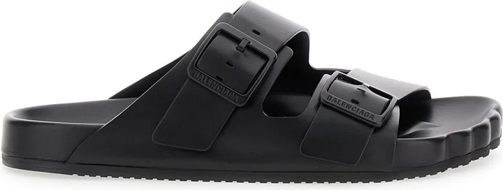 'sunday' Black Sandals With Engraved Logo In Leather Woman