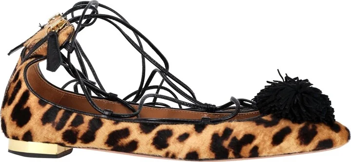 Sunshine Leopard-Print Lace-Up Ballerina Flats in Brown Leather