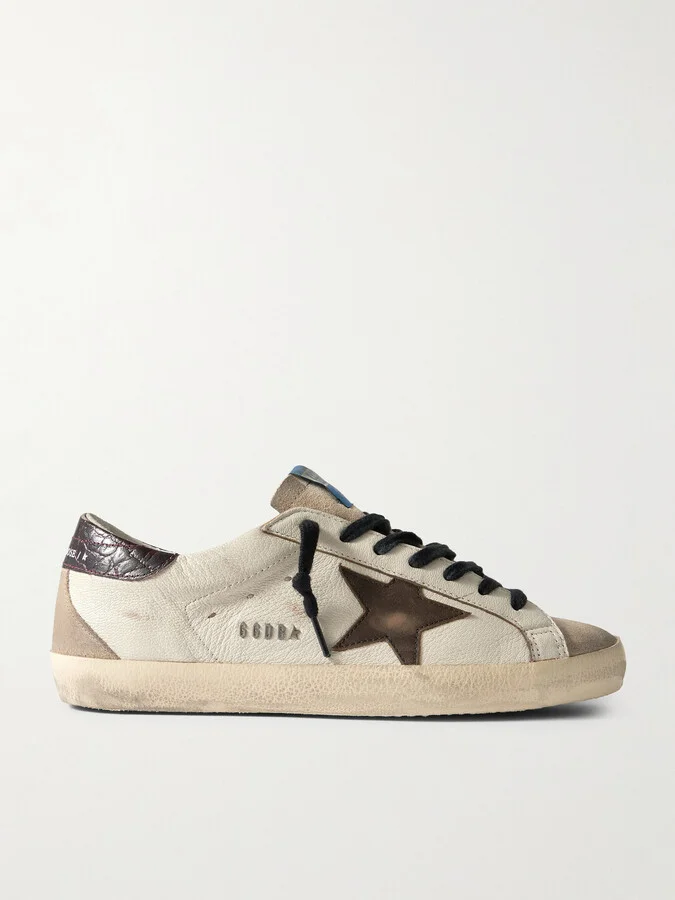 Super-Star Distressed Croc-Effect and Suede-Trimmed Leather Sneakers