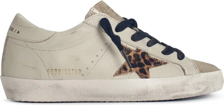 'super-star' Light Beige Leather Blend Sneakers With Leopard Pony Hair Star
