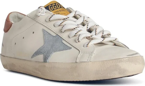 Super-star' White Leather Sneakers With Grey Suede Star And Brown Heel - Image 2