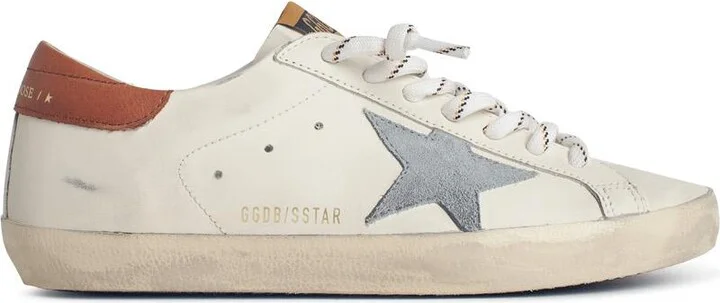 Super-star' White Leather Sneakers With Grey Suede Star And Brown Heel
