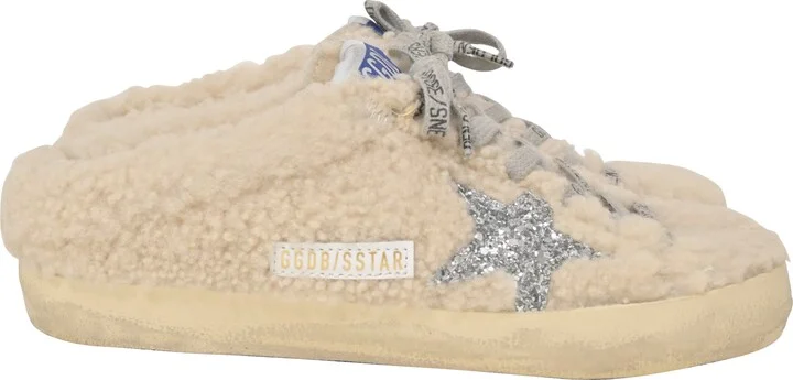 Superstar Sabot Distressed Glittered Shearling Slip-On Sneakers in White Wool